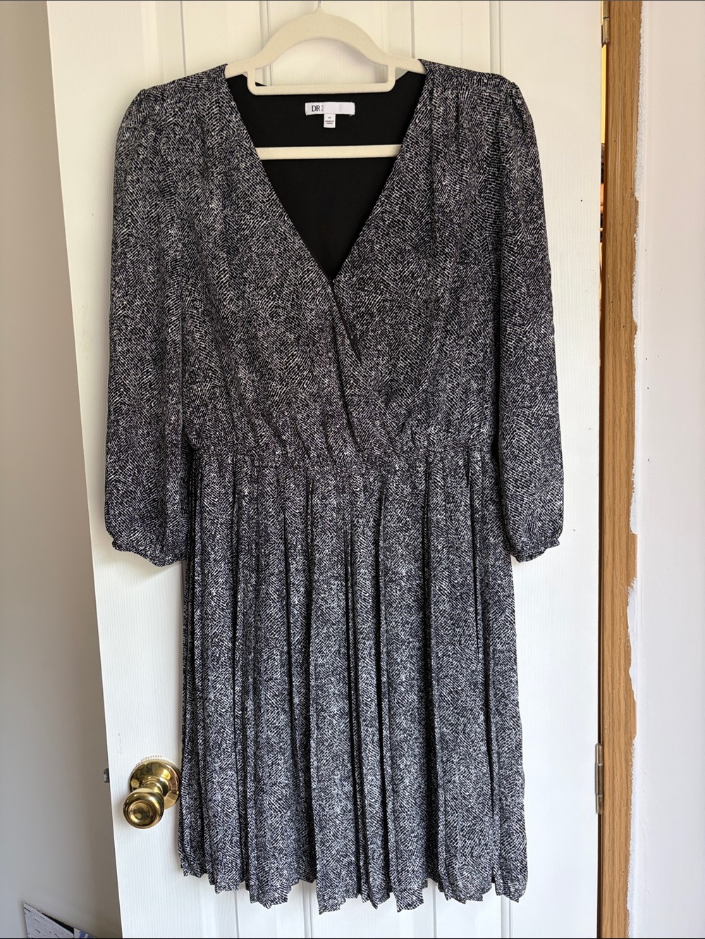DR2 Black & White Long Sleeve Wrap-Style Pleated Dress